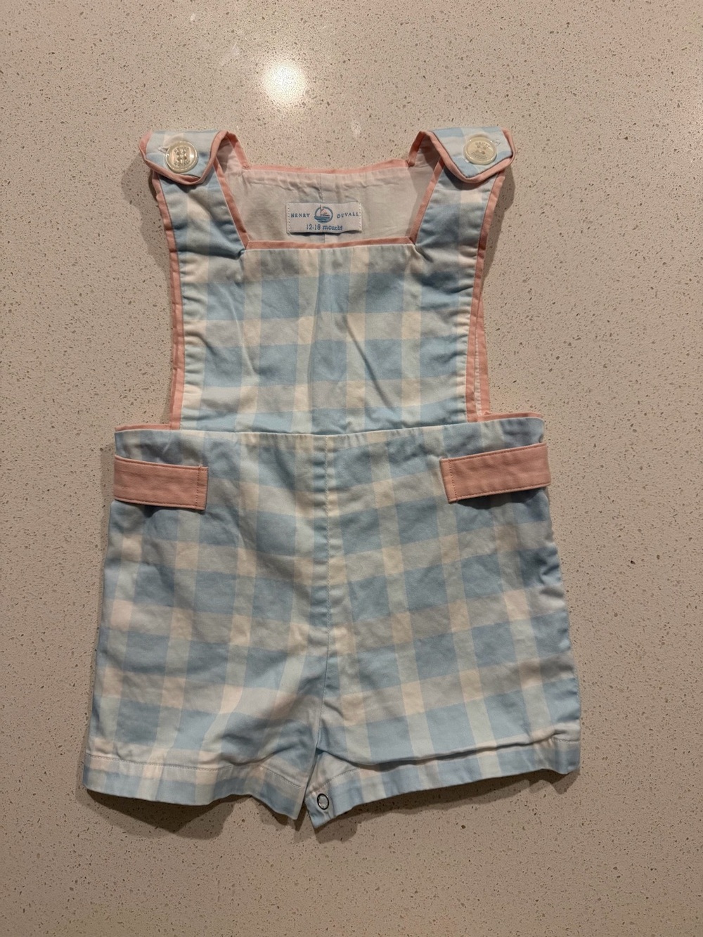 Henry Duvall Classic Blue & White Gingham Overalls with Pink Trim - Kids